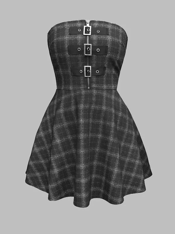 Checkered Buckle Knots Front Zipper Tight Waist Off The Shoulder Skater Dress
