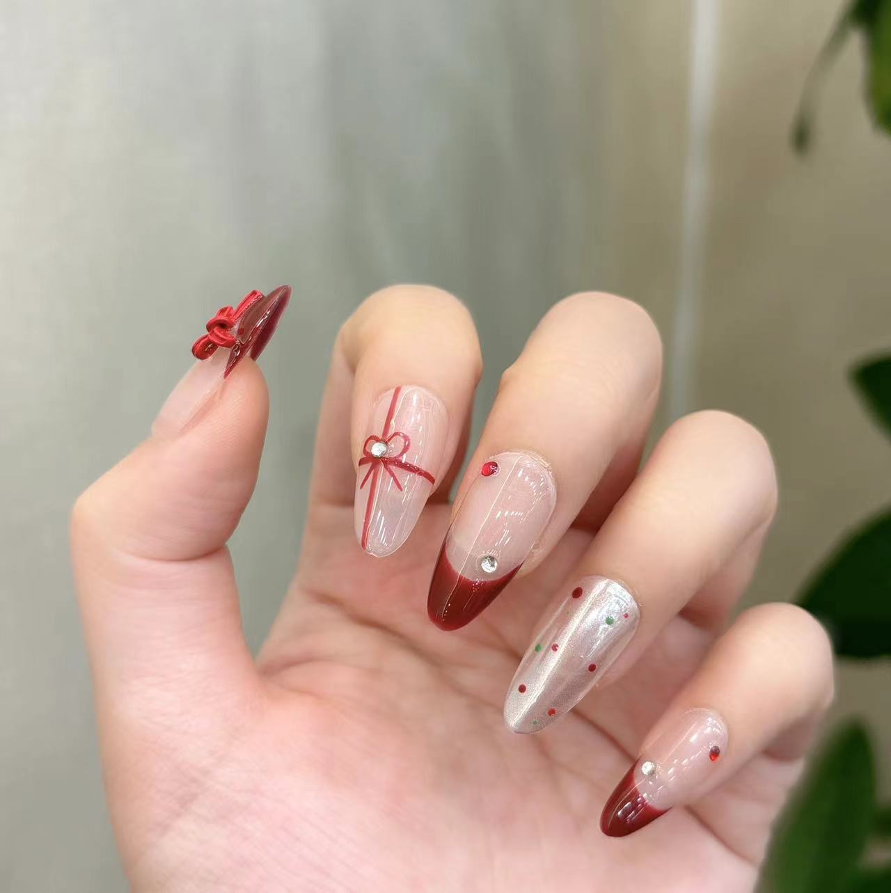 Chinese Red Polka Dot Bow French Mirror Powder Nails