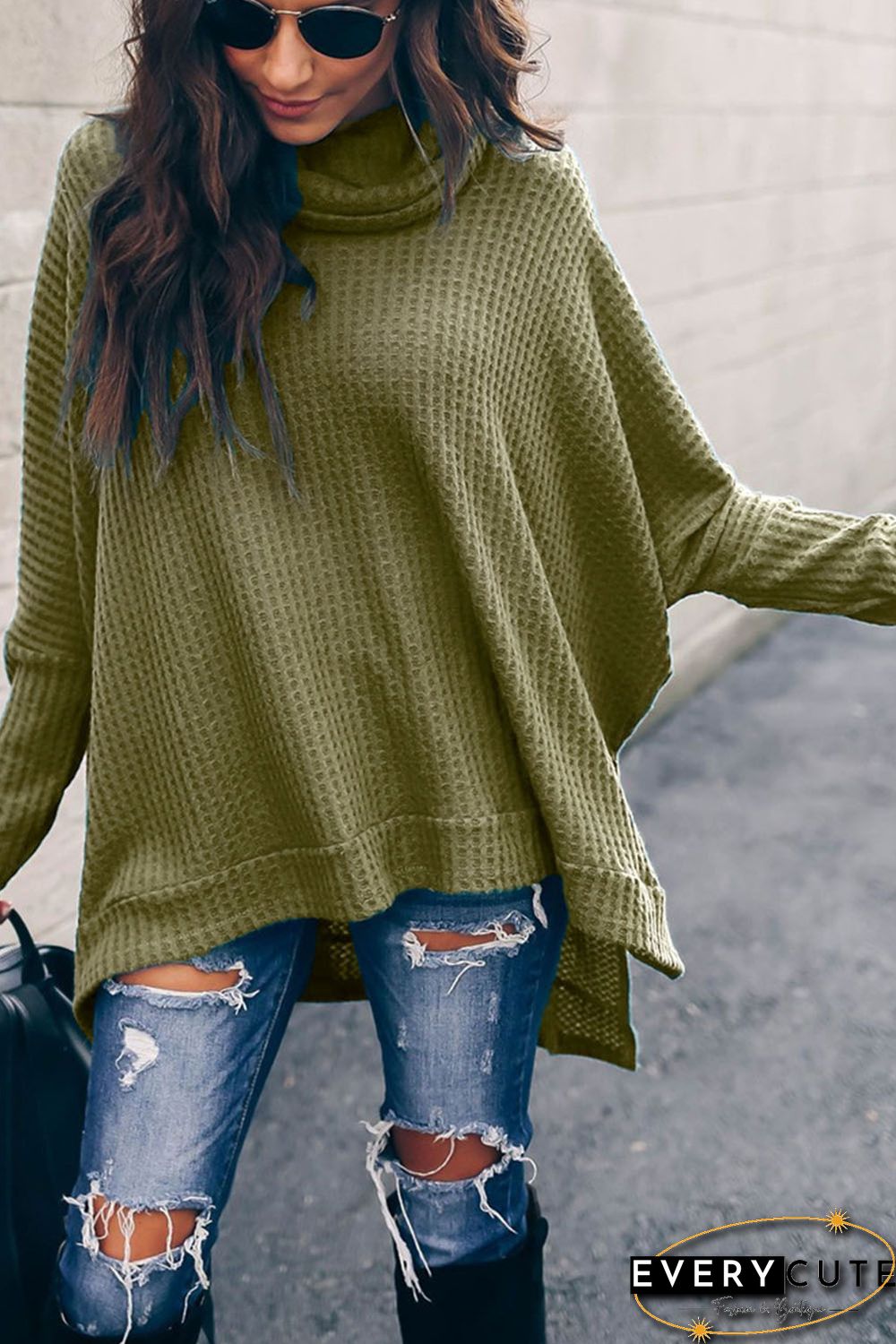 Green Turtleneck Waffle Knit Poncho Blouse