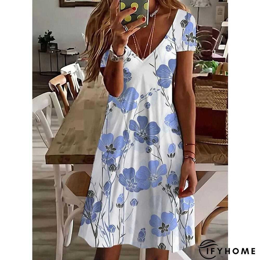 Women's Casual Dress Summer Dress Print Dress Floral Geometric Print V Neck Mini Dress Basic Fashion Outdoor Daily Short Sleeve Regular Fit White Blue Green Spring Summer S M L XL XXL | IFYHOME