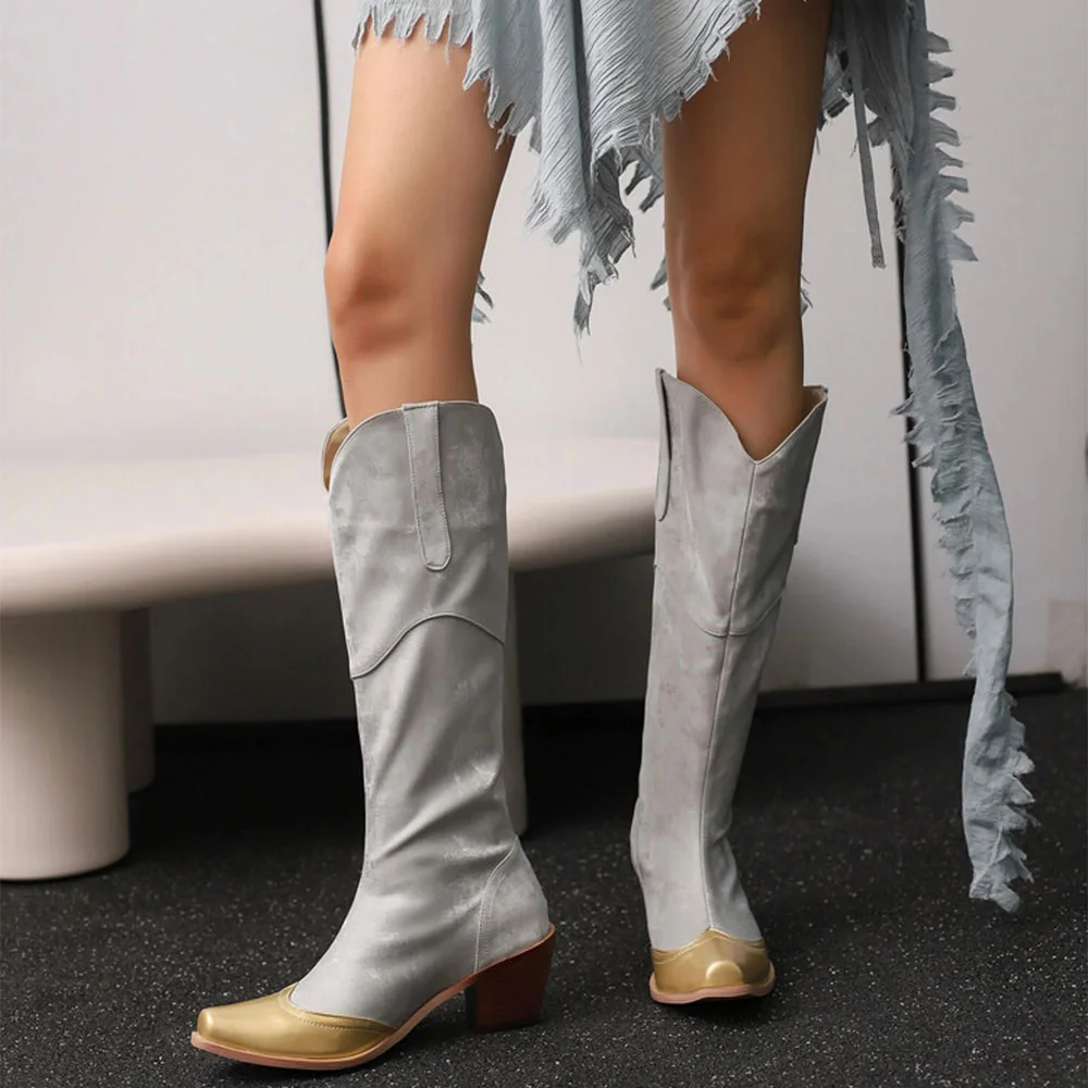 Grey Vegan Suede Block Heel Knee High Cowgirl Boots with Gold Toe