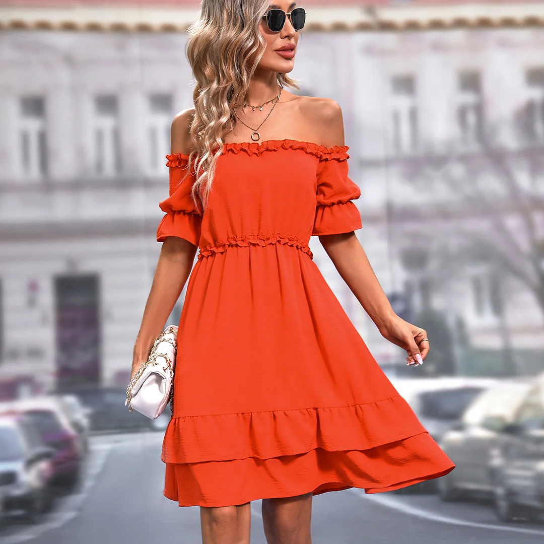 Solid Off The Shoulder Frill Casual Mini Dress