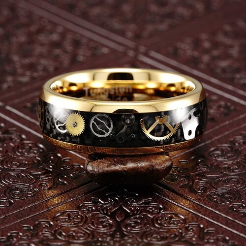 Tungsten Silver Gold With Vintage Mechanical Gears Silver and Gold Over Black Carbon Fiber Wedding Bands Rings For Men Women
