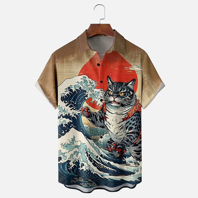 Comstylish Japanese Ukiyo Cat Art Short-Sleeved Shirt