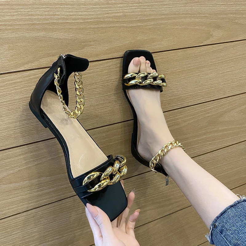 Women Summer Platform Shoes Square Heel Open Peep Toe Designer Sandals Metal Gladiator Chain Luxury Slipper