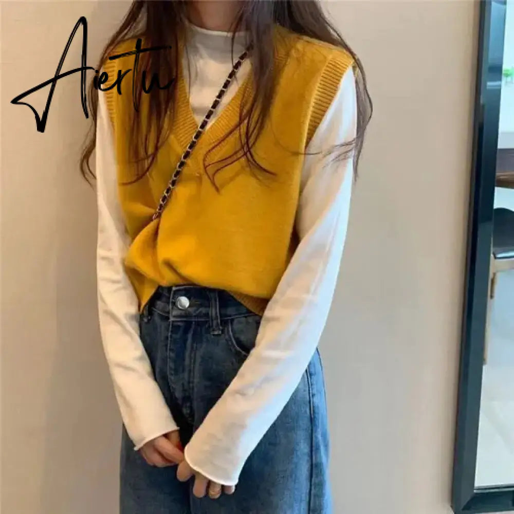Aiertu Sweater Vest Women Solid Autumn Winter All-match Leisure Outerwear Knitted V-Neck Sleeveless Female Elegant Chic Simple Harajuku Aiertu