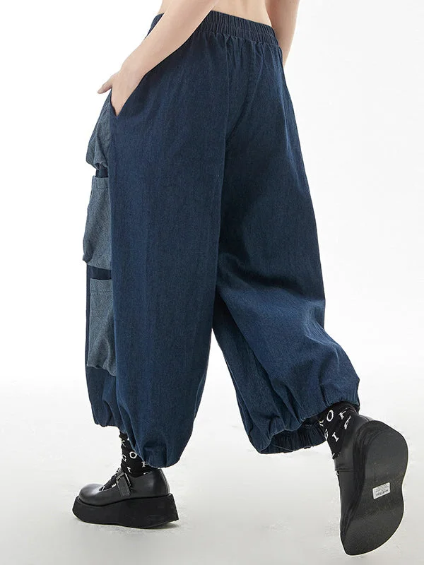 Urban Elasticity Split-Joint Color-Block Wide-Leg Jean Pants