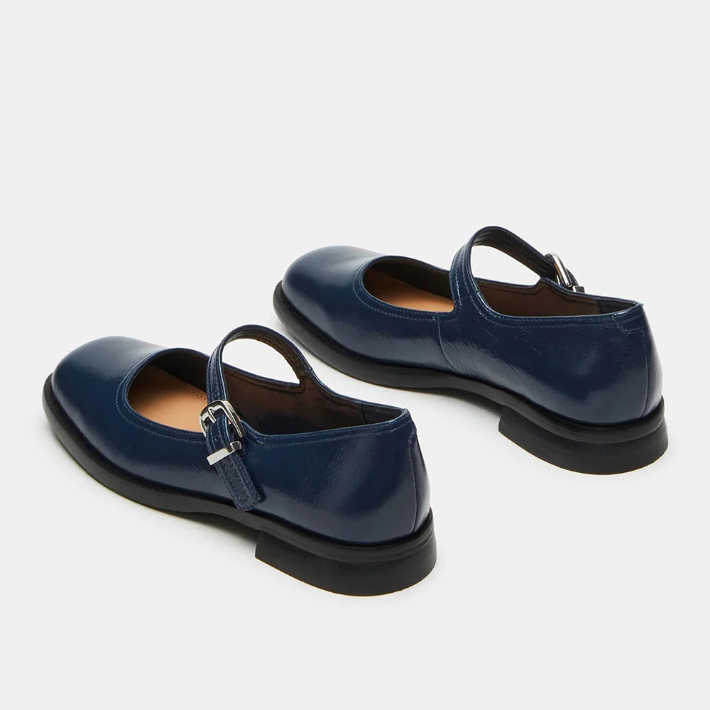 Square Toe Buckle Strap Flats Mary Jane Shoes for Women in Navy