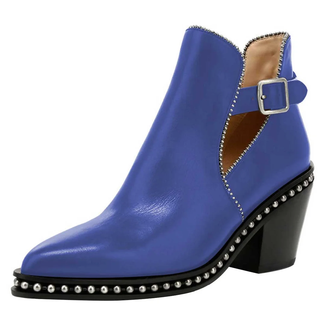 Blue Chunky Heel Studded Buckle Strap Pointed Toe Booties for Women