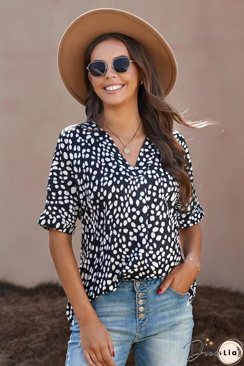Printed V-Neck Cuffed Tunic Top