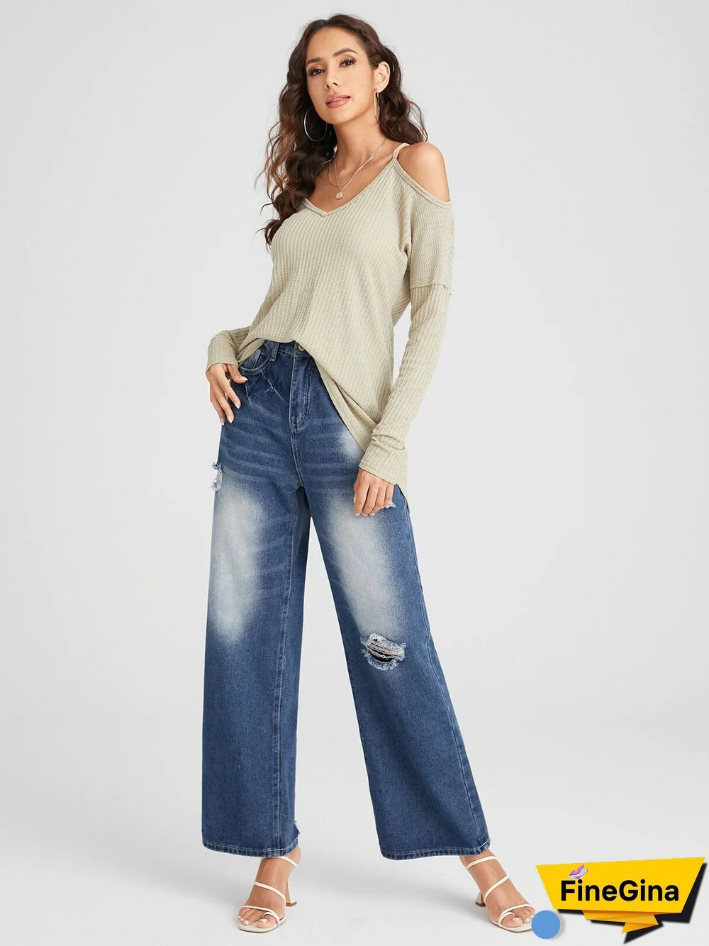 Ripped Faded Effect Washed Zipper Fly Wide Leg Jeans