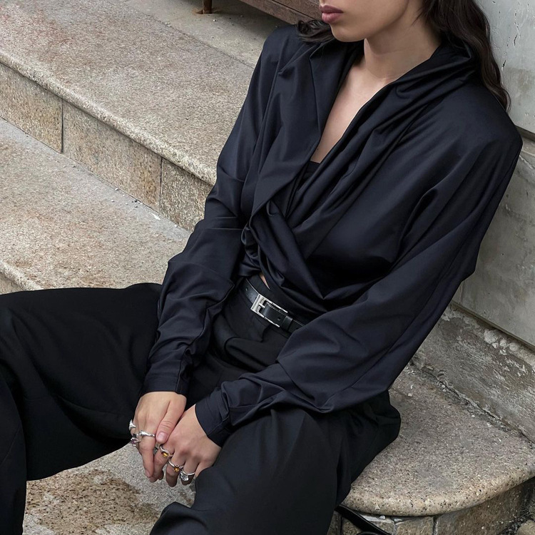 Ootddress Fashion Satin Hoodie Y2k Top For Women Long Sleeve Bandage Patchwork Solid Sexy Vintage Cropped Top Ladies Crop top Tee