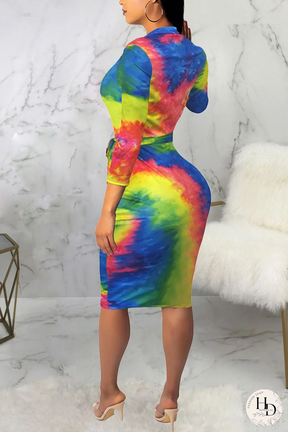 Powder blue Sexy Polyester Tie Dye Split Joint O Neck Long Sleeve Knee Length Long Sleeve Dress Dresses