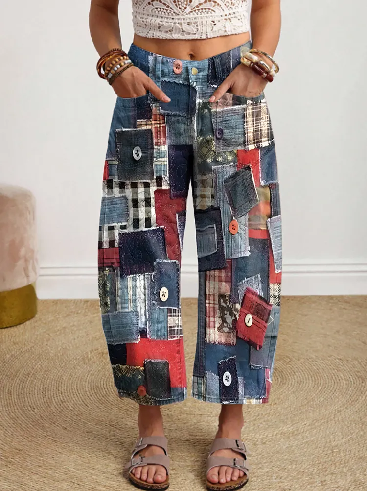 Women's Retro Art Print Casual Washed Cotton Jeans