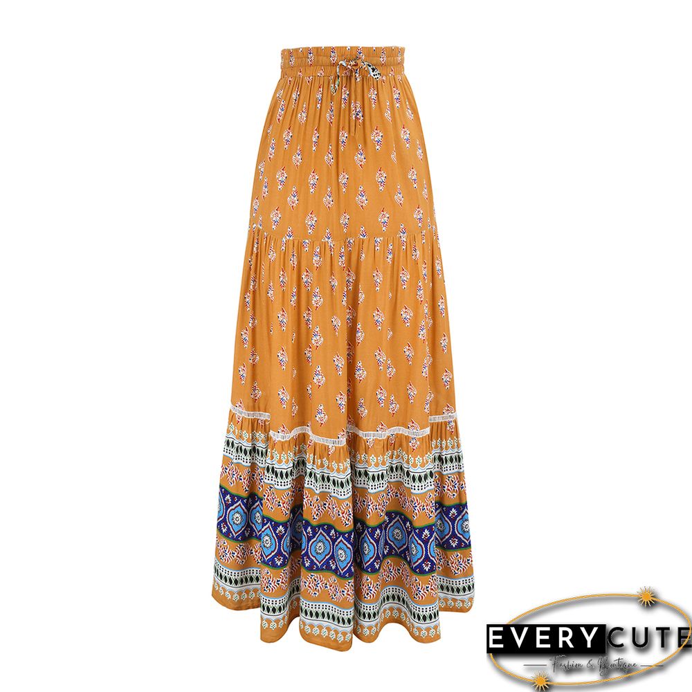 Yellow Floral Print Elastic Waist Pocket Midi Skirt