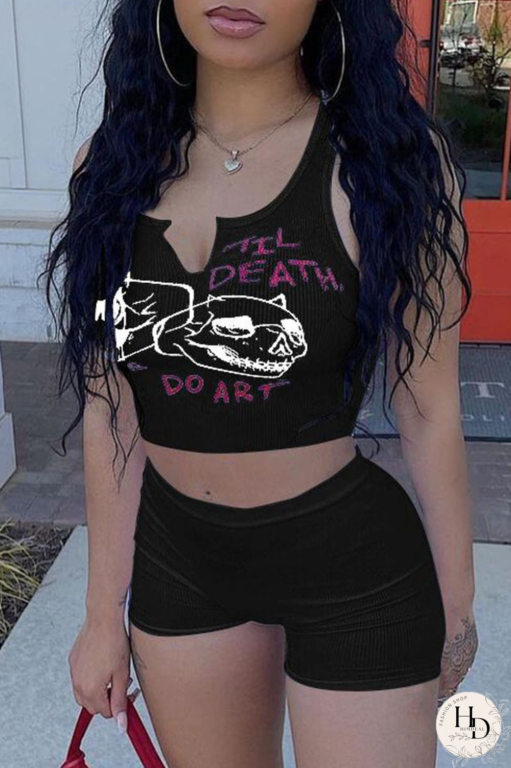 Black Casual Print Split Joint Spaghetti Strap Sleeveless Two Pieces