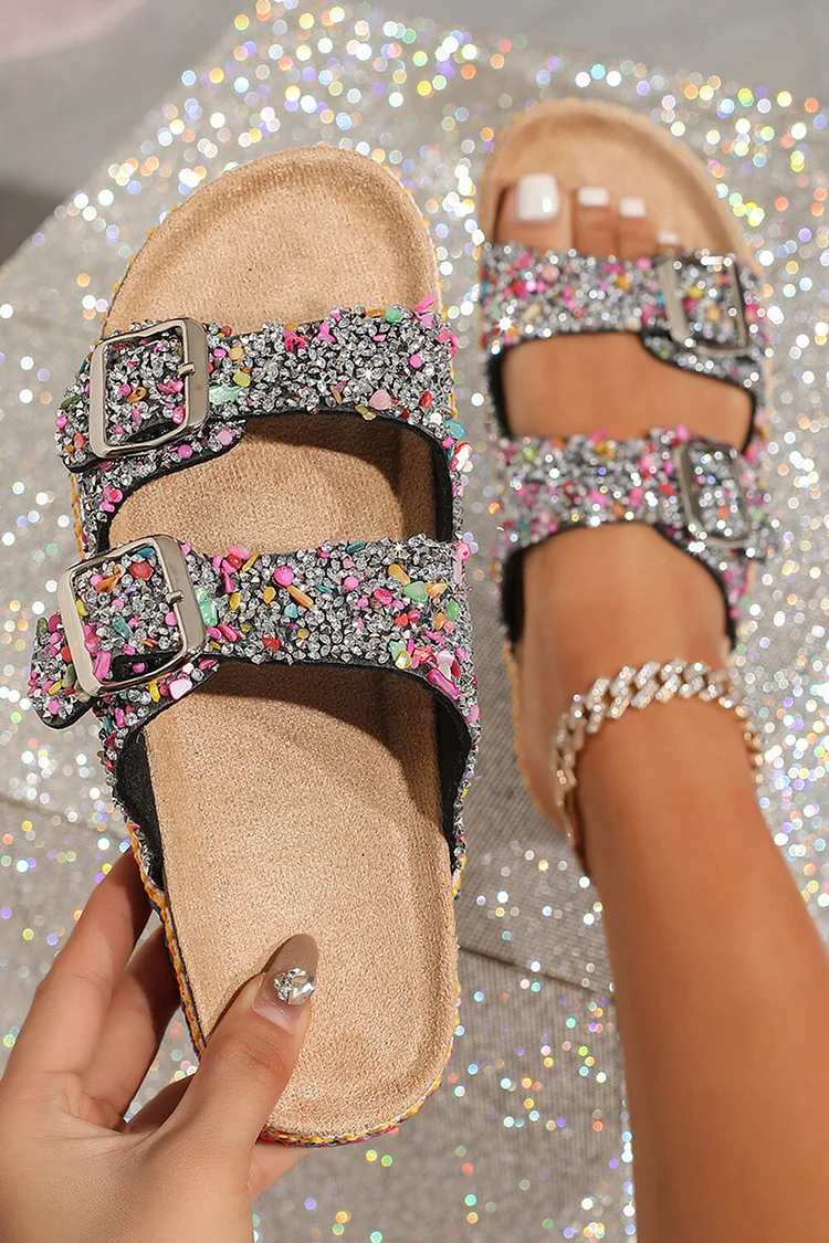 Glitter Colourful Rhinestone Double Buckles Round Toe Slippers-Fuchsia