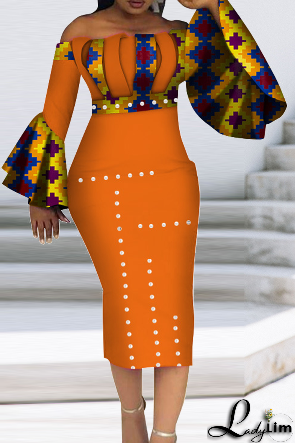 Orange Vintage Print Patchwork Off the Shoulder Pencil Skirt Dresses