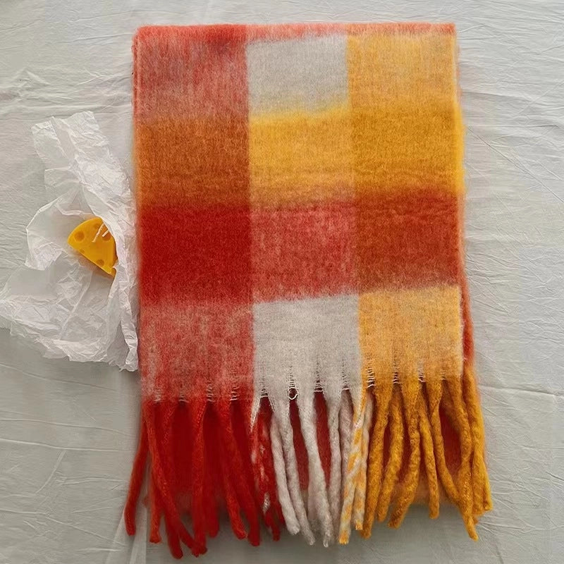 Rainbow Plaid Tassel Scarf For Women Autumn And Winter Famous Color Matching Cashmere Mohair Shawl Thickened Scarf