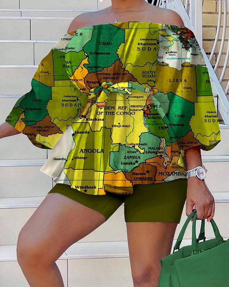Plus Size Vacation Map Print Off Shoulder Belted Two Piece Short Set