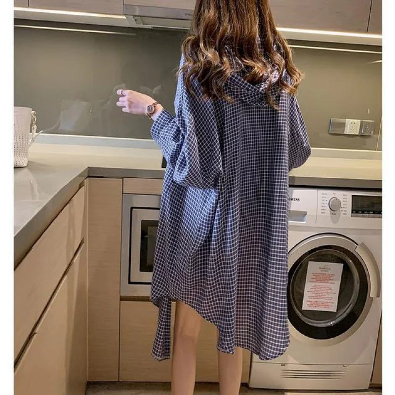 Colourp Colourp Loose Casual Lazy Long Hooded Plaid Shirt Female Design Sense Long Sleeve Sunscreen Shirt Coat