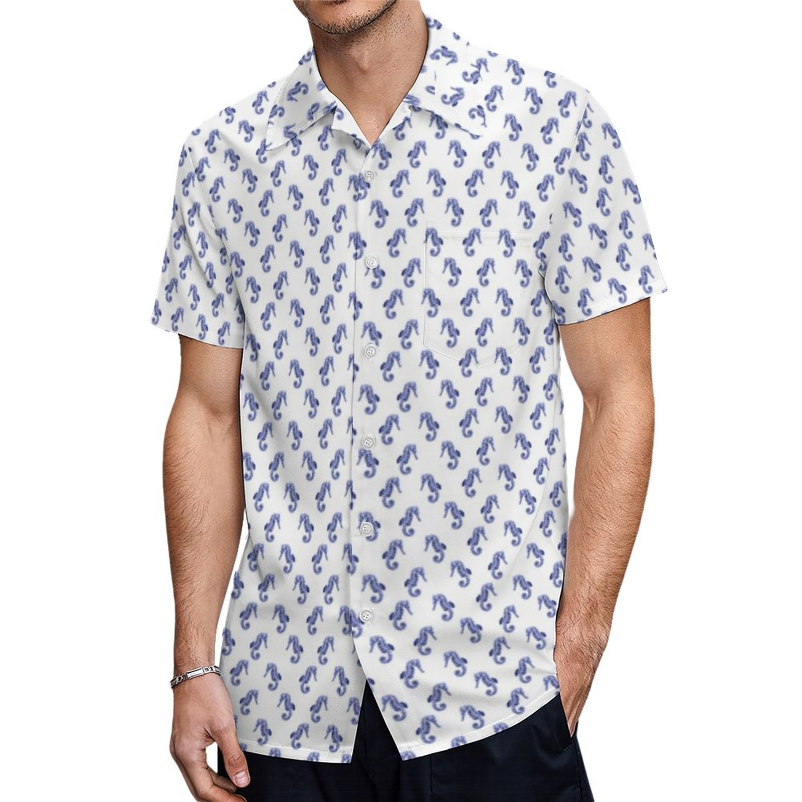 Blue And White Seahorse Print Hawaiian Shirt Mens Button Down Plus Size Tropical Hawaii Beach Shirts