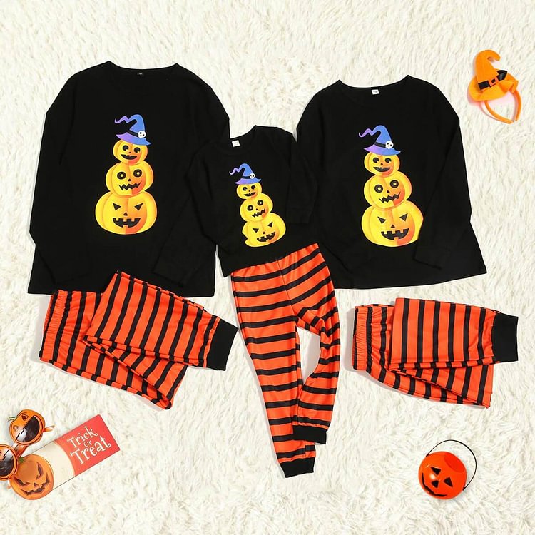 Halloween Pumpkin Print Striped Family Matching Pajamas Sets