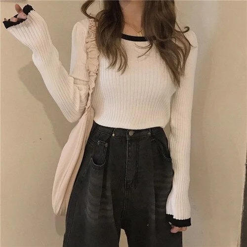 Sweater Pullovers Womens Autumn Simple Knitwear Slim O-neck Long Sleeve Trendy Patchwork All-match Leisure Female Tops Clothes
