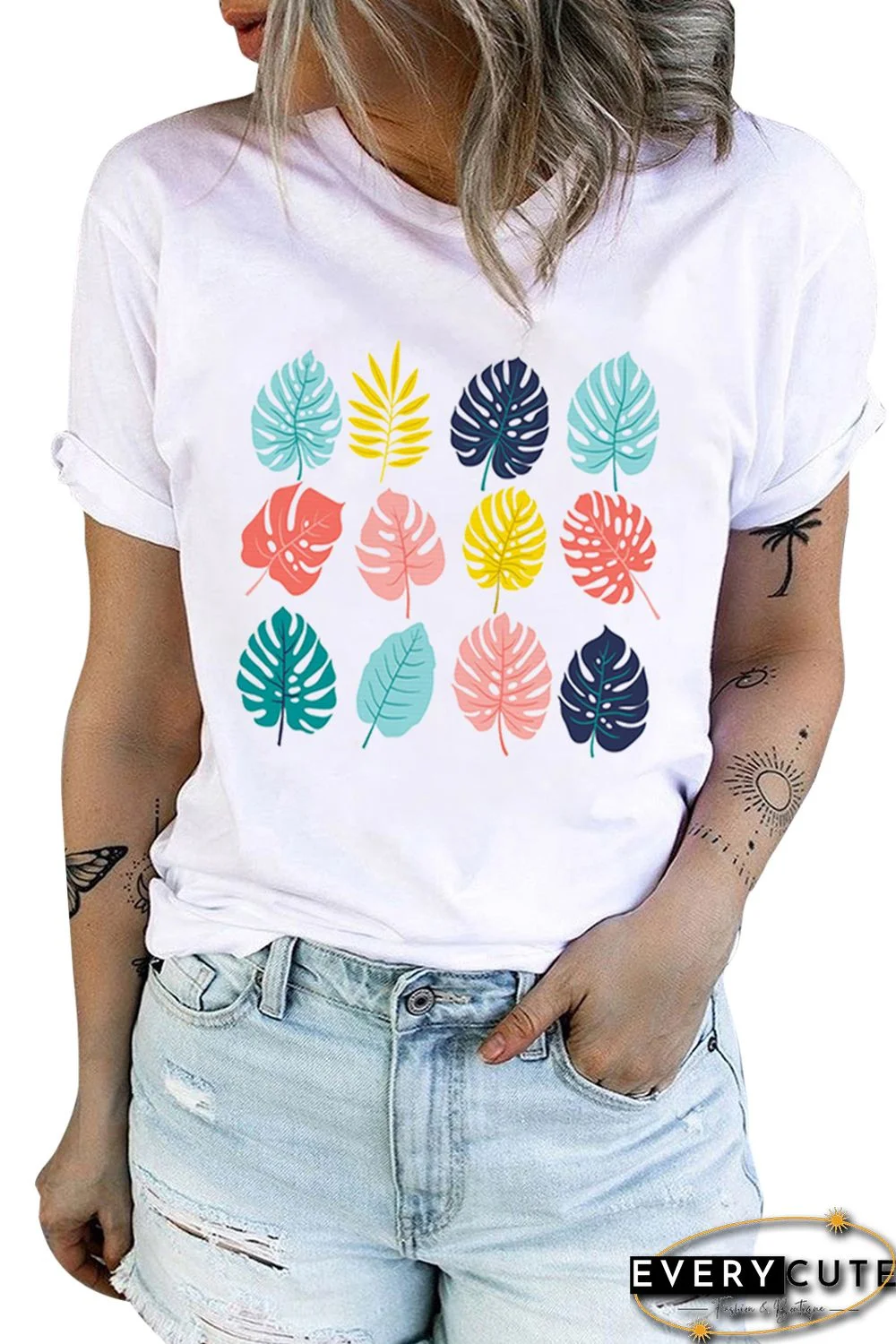 White Tropical Palm Leaves Print Crew Neck Graphic T Shirt