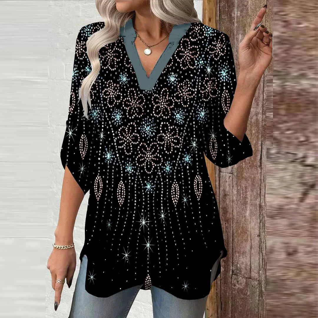Women Shiny, Black, Blue DZGA0661 3/4 Sleeve V-neck Printed Graphic Button Tops