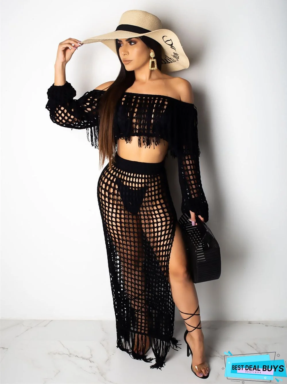 Women's Casual Mesh Fringed Beach Skirt 2-Piece Set