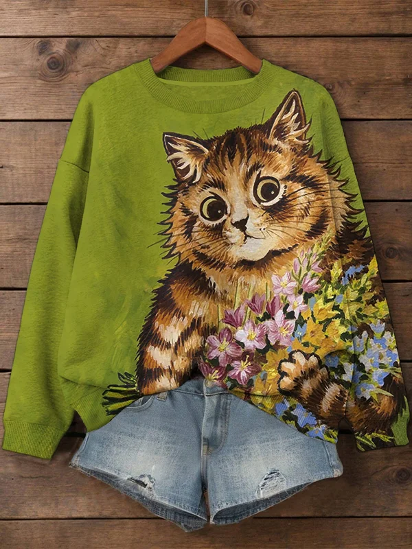 Women's Cat Holding Flowers Art Print Casual Sweatshirt