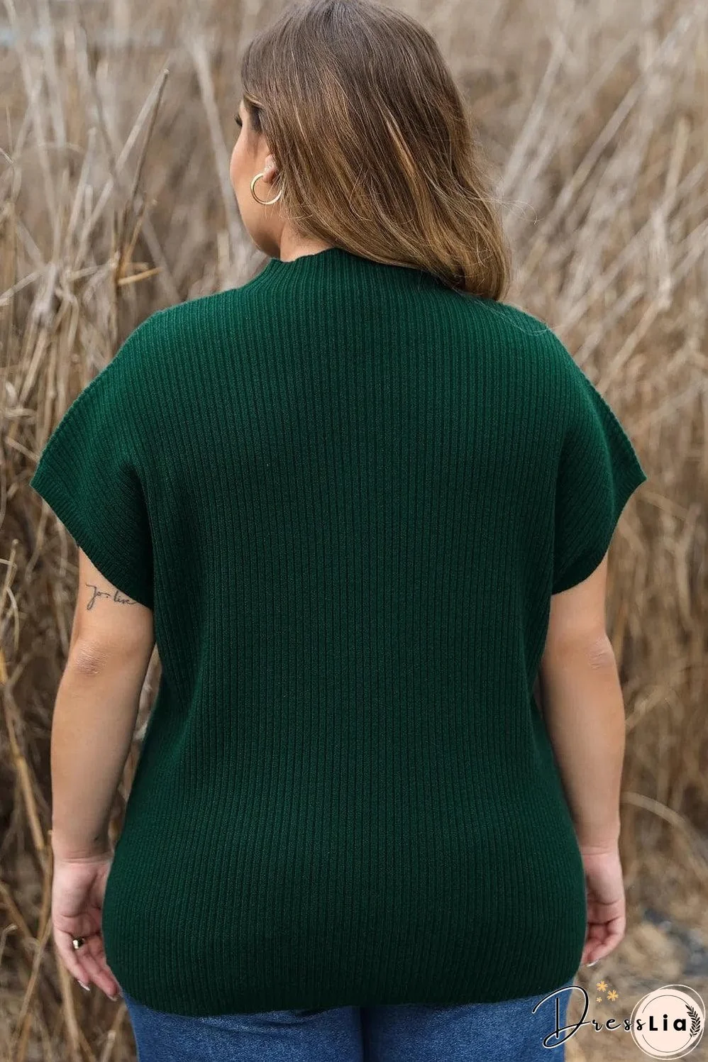 Jungle Green Plus Size Mock Neck Chest Pocket Short Sleeve Sweater