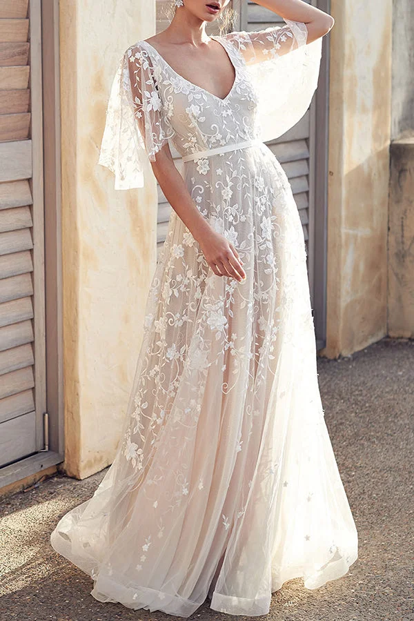 Double V-Neck Embroidered Long Dress