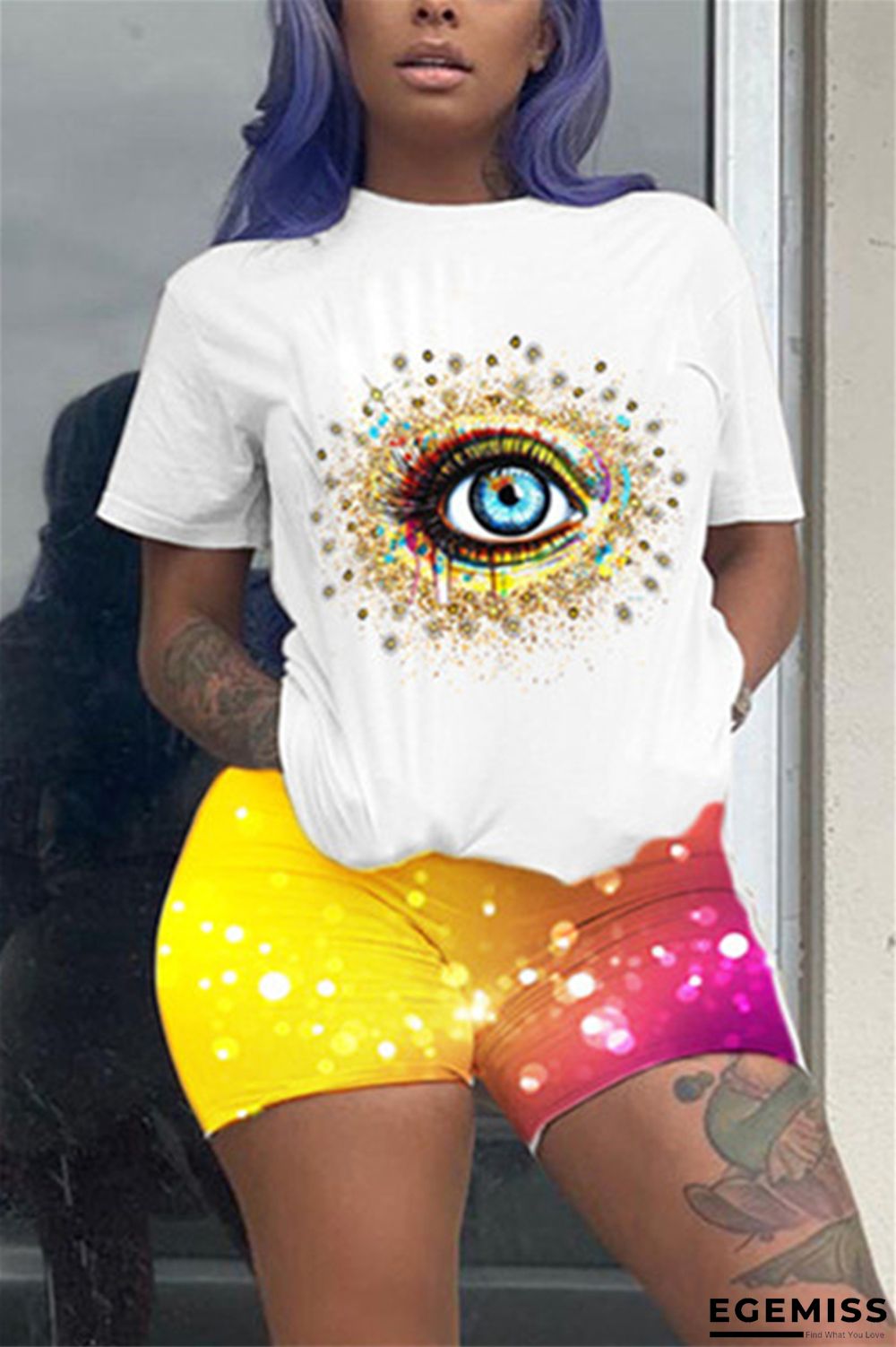 Yellow Fashion Casual adult Patchwork Print Two Piece Suits Eyes Printed pencil Short Sleeve Two Pieces | EGEMISS