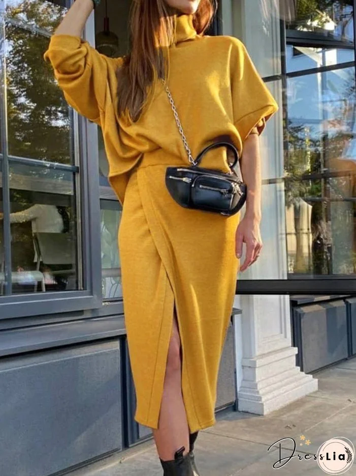 Women's Sets Turtleneck Doll Sleeve Top & Skirt Two Piece Set