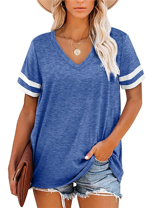 Roomy Short Sleeves Contrast Color Striped V-Neck T-Shirts