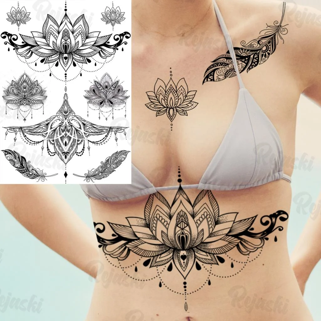 Sdrawing Elephant Pendant Temporary Tattoos For Women Men Lion Butterfly Snake Feather Fake Tattoo Sticker Glamour Back Body Tatoos
