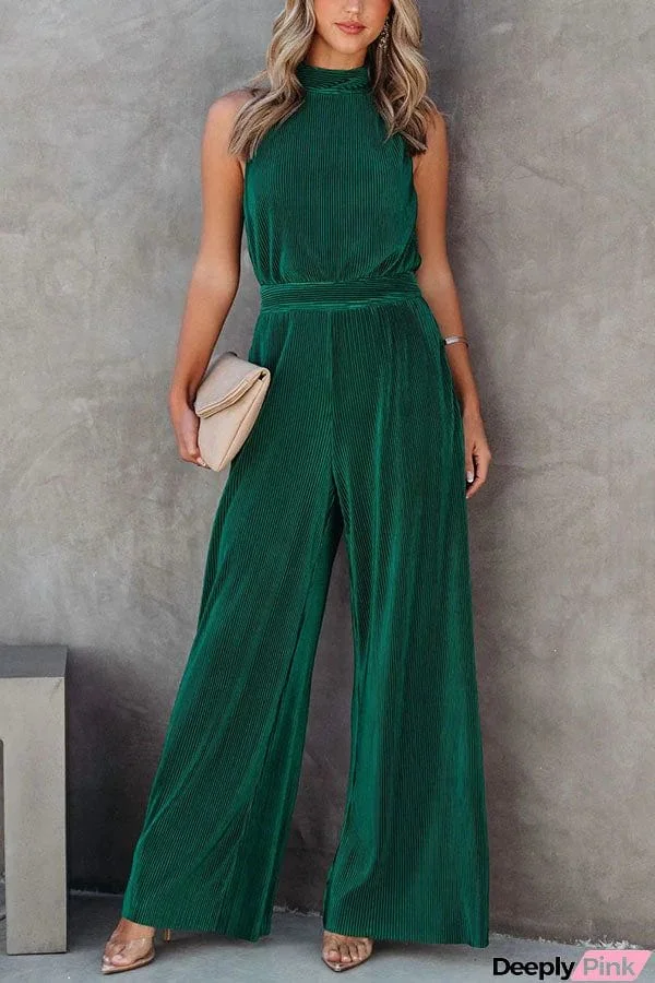 Iconic Lady Pocketed Plisse Wide Leg Jumpsuit