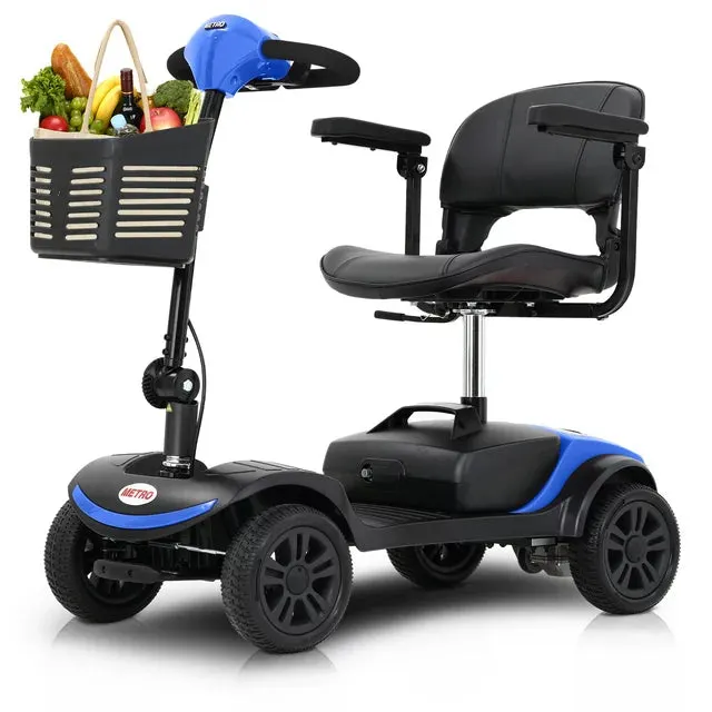 Long Range Foldable 4 Wheels Mobility Scooter, Electric Powered Wheelchair Device Compact Heavy Duty for Elderly, Senior, Aged, Adults Power Extended Battery with Charger Basket - Blue