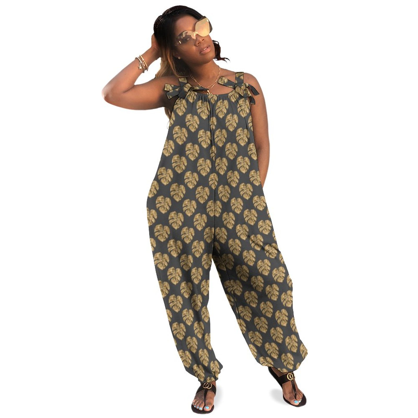 Gray Gold Palm Leaf Pattern Monstera Deliciosa Boho Vintage Loose Overall Corset Jumpsuit Without Top