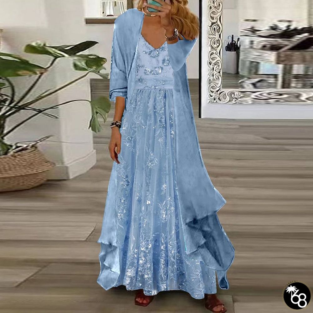 Youthful Blue V-Neck Maxi Dress With Thin Jacket Two Piece Outfits | 168DEAL