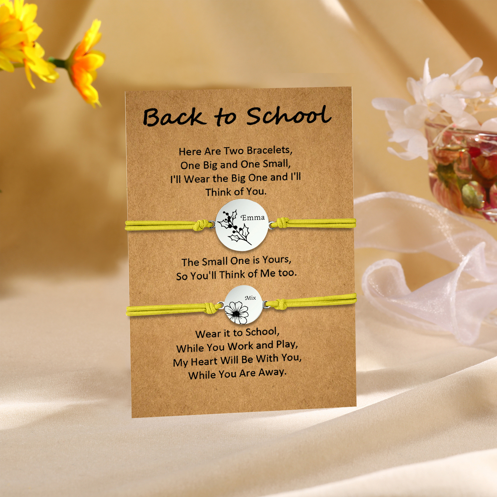 2 Pcs Bracelet Set Personalised Names & Birth Flowers Adjustable Bracelets with Message Card Back to School Gifts for Daughters-Jessemade AU