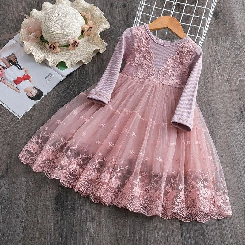 Kids Dress for Girls Christmas Princess Dress Lace Mesh Embroidery Flower Printed Winter Dresses Children New Year Party Costume