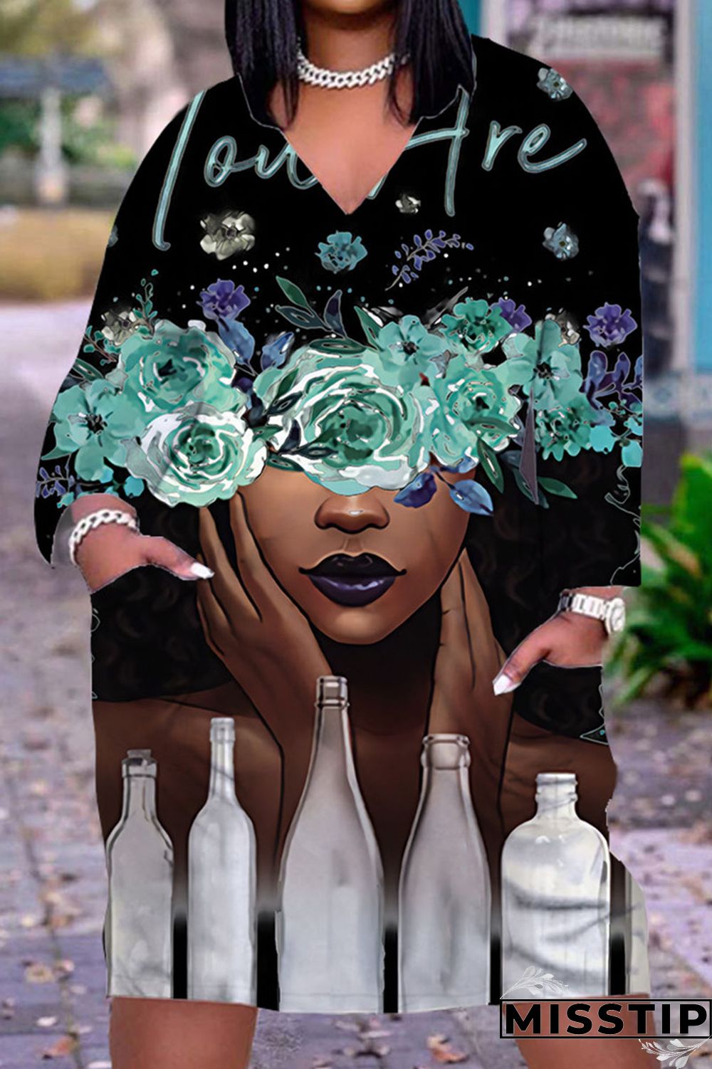 Gray Cyan Casual Print Patchwork V Neck Straight Dresses