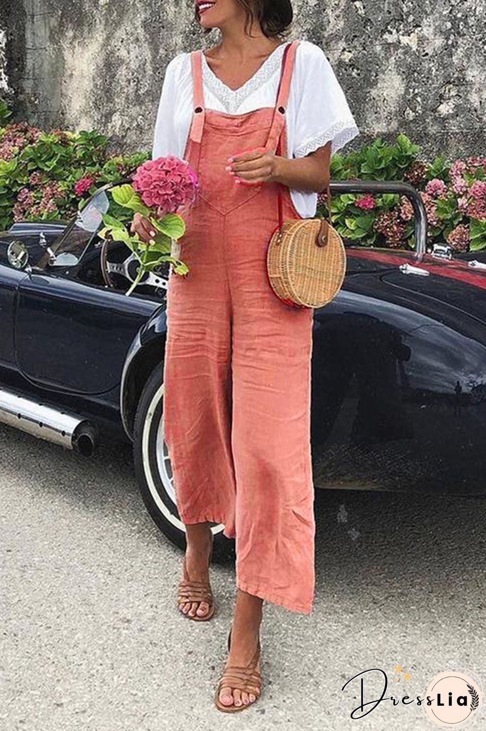 Fashion Casual Solid Split Joint Spaghetti Strap Loose Jumpsuits