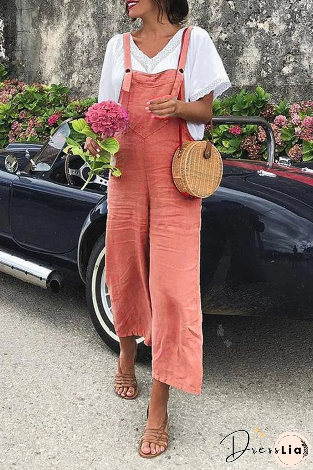 Fashion Casual Solid Split Joint Spaghetti Strap Loose Jumpsuits