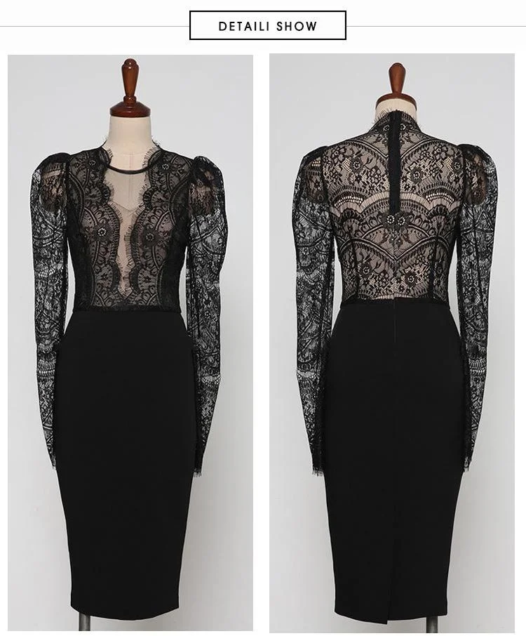 Long sleeve lace stitching round neck bag hip waist dress