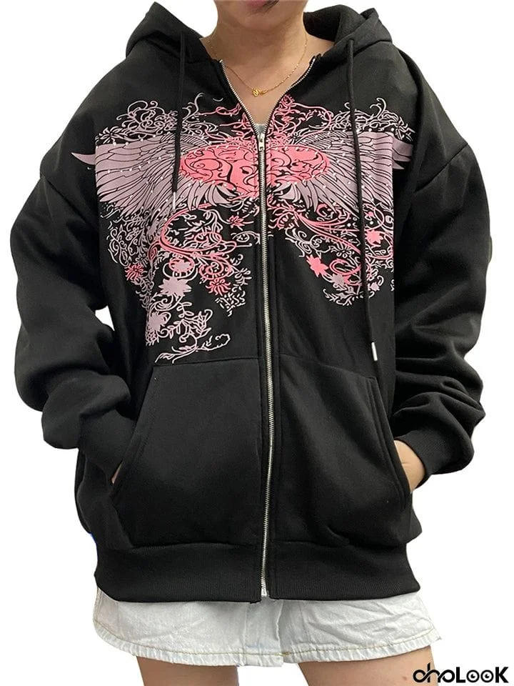 Fashion Heart With Wings Printed Zip Up Hoodie With Pockets