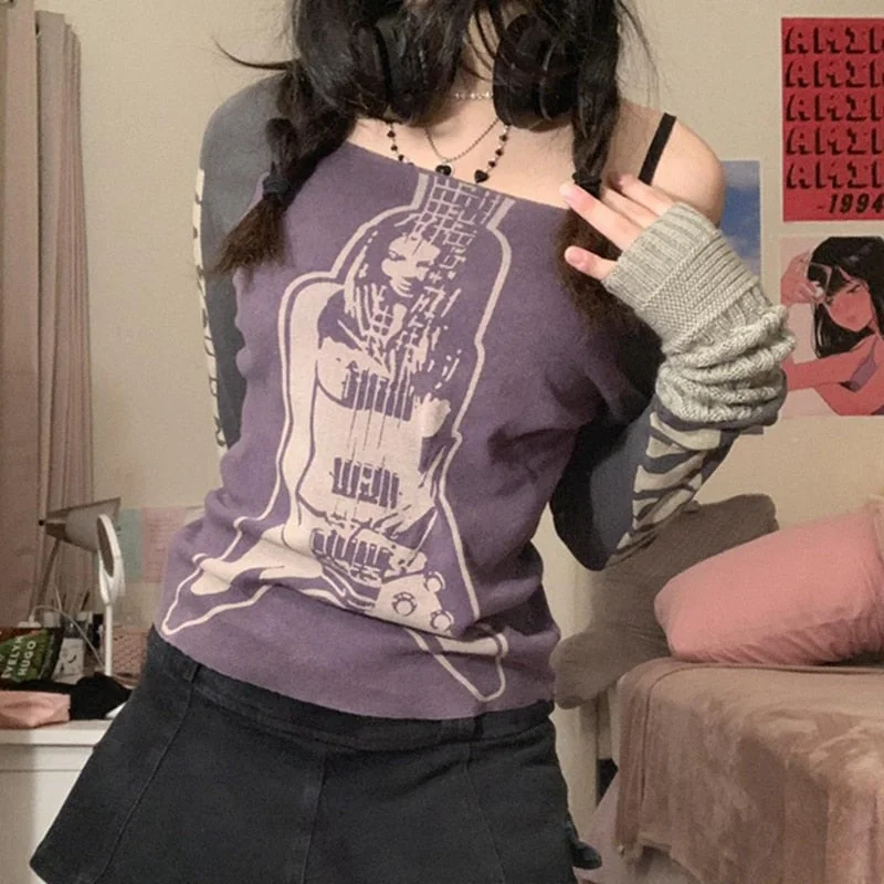 2000s Retro Patchwork Long Sleeve Crop Top Hip Hop Harajuku T-shirt E-girl Punk Mall Grunge Emo Alt Clothes Women Pullovers Tees